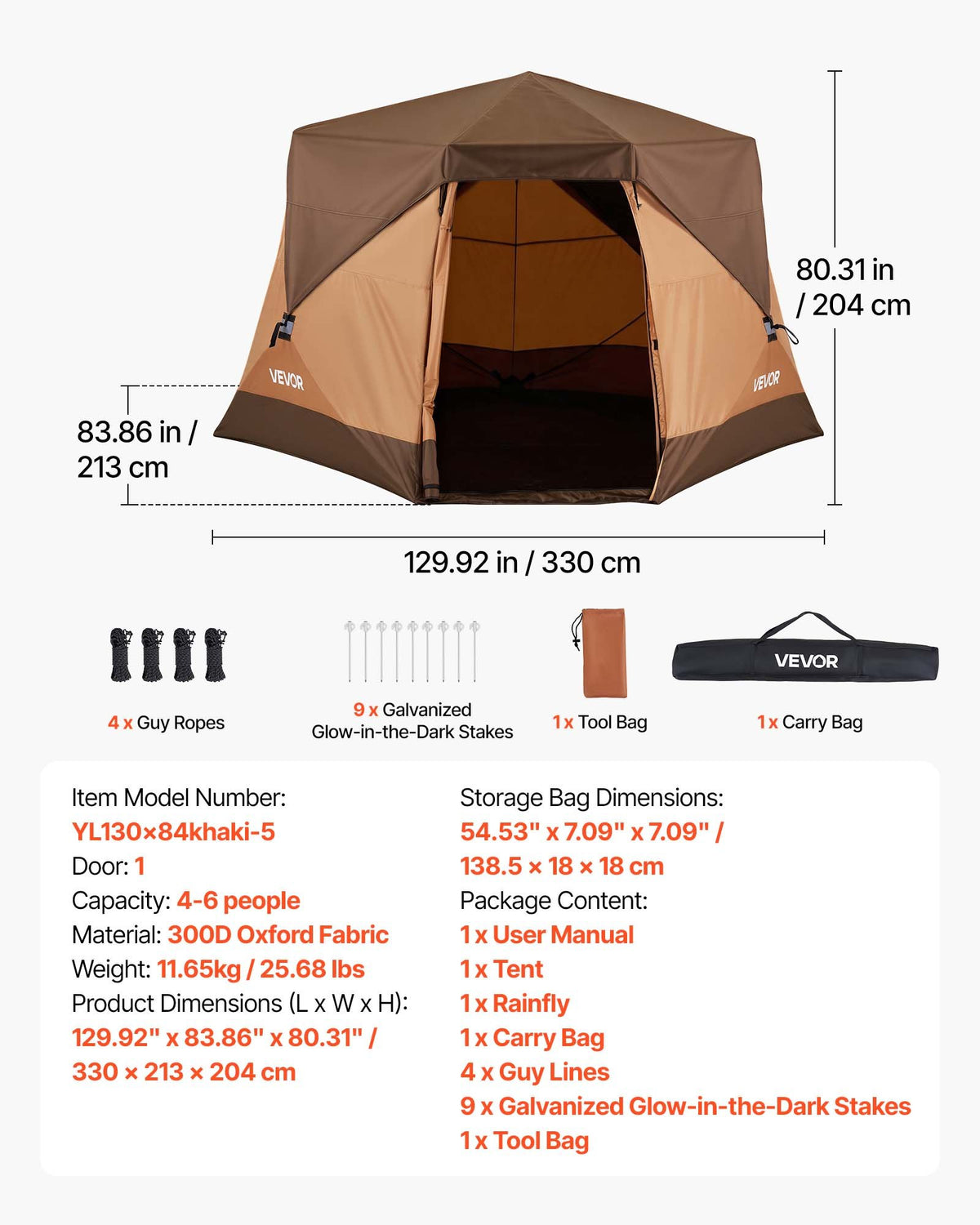 VEVOR Camping Tent, 6 Person Pop Up Instant Cabin Tent with Rainfly & Large Mesh Windows, 60 Seconds Easy Setup, Portable Waterproof Cabin Hub Tents with Carry Bag for Family Outdoor Camping & Hiking - DCZ9684INCH570FH1001V0 - view 8