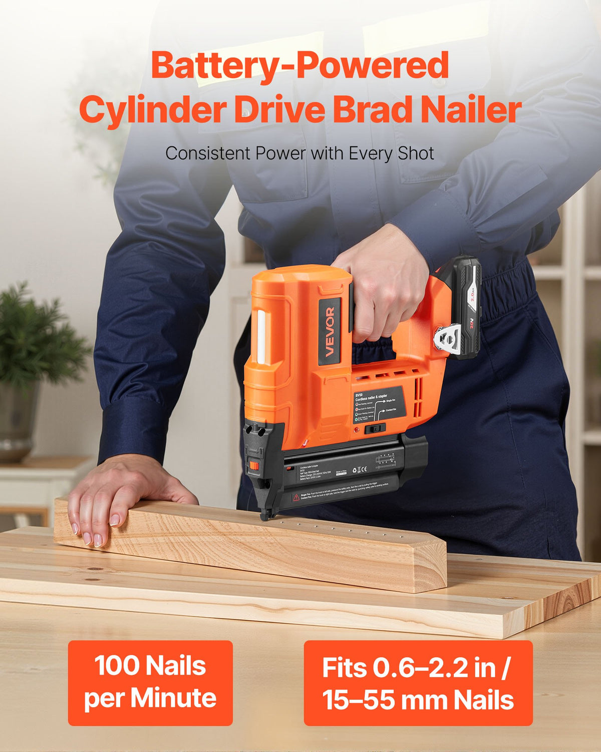 VEVOR Cordless Brad Nailer, 18 Gauge, 20V Battery Powered Nail Gun, with 500 pcs Nails, 2.0 Ah Li-ion Battery and Charger, Adjustable Nailing Depth, for Home Improvement, Woodworking, DIY Project - DDBLDDQ18GA29WG2V001V1 - view 3