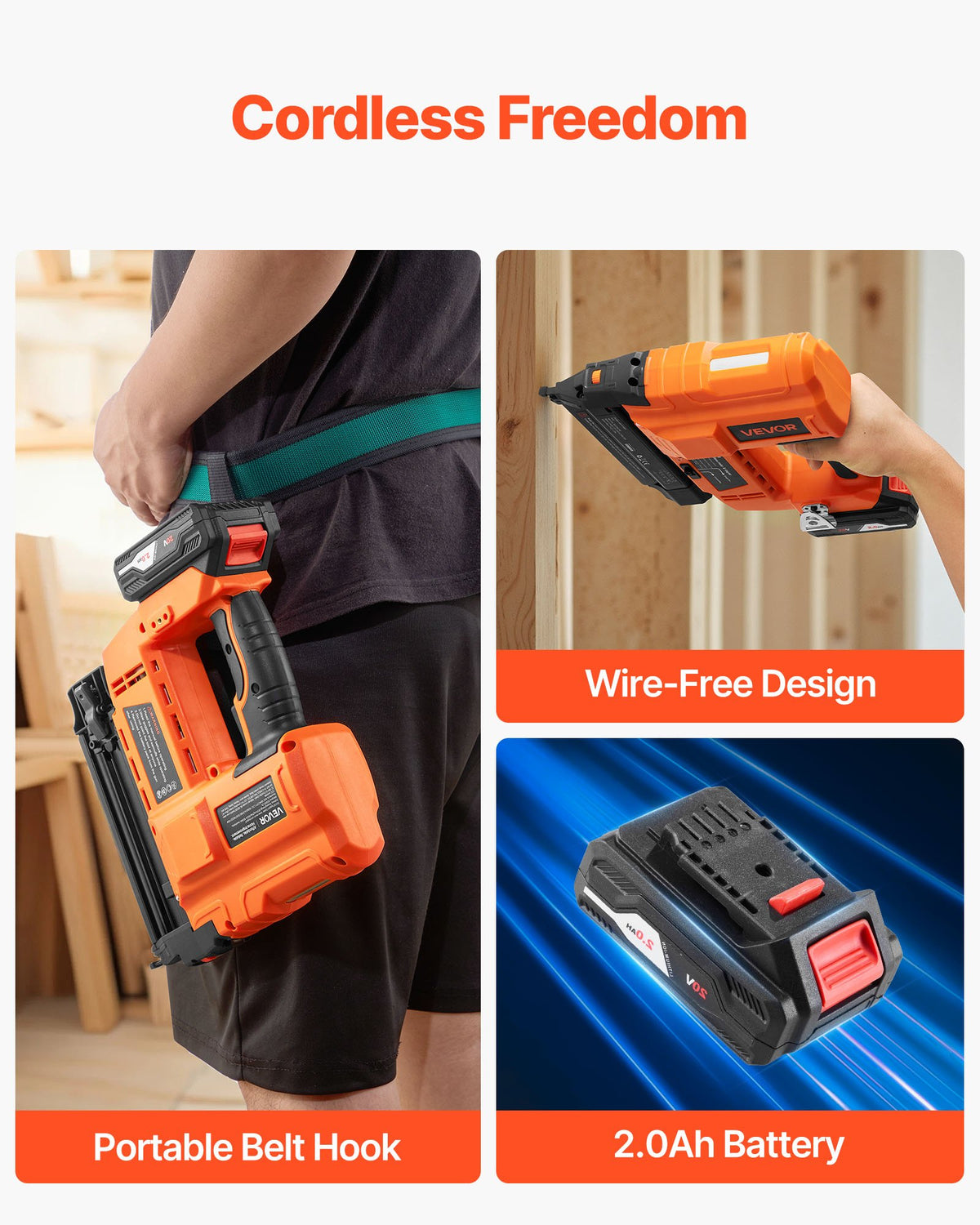 VEVOR Cordless Brad Nailer, 18 Gauge, 20V Battery Powered Nail Gun, with 500 pcs Nails, 2.0 Ah Li-ion Battery and Charger, Adjustable Nailing Depth, for Home Improvement, Woodworking, DIY Project - DDBLDDQ18GA29WG2V001V1 - view 6