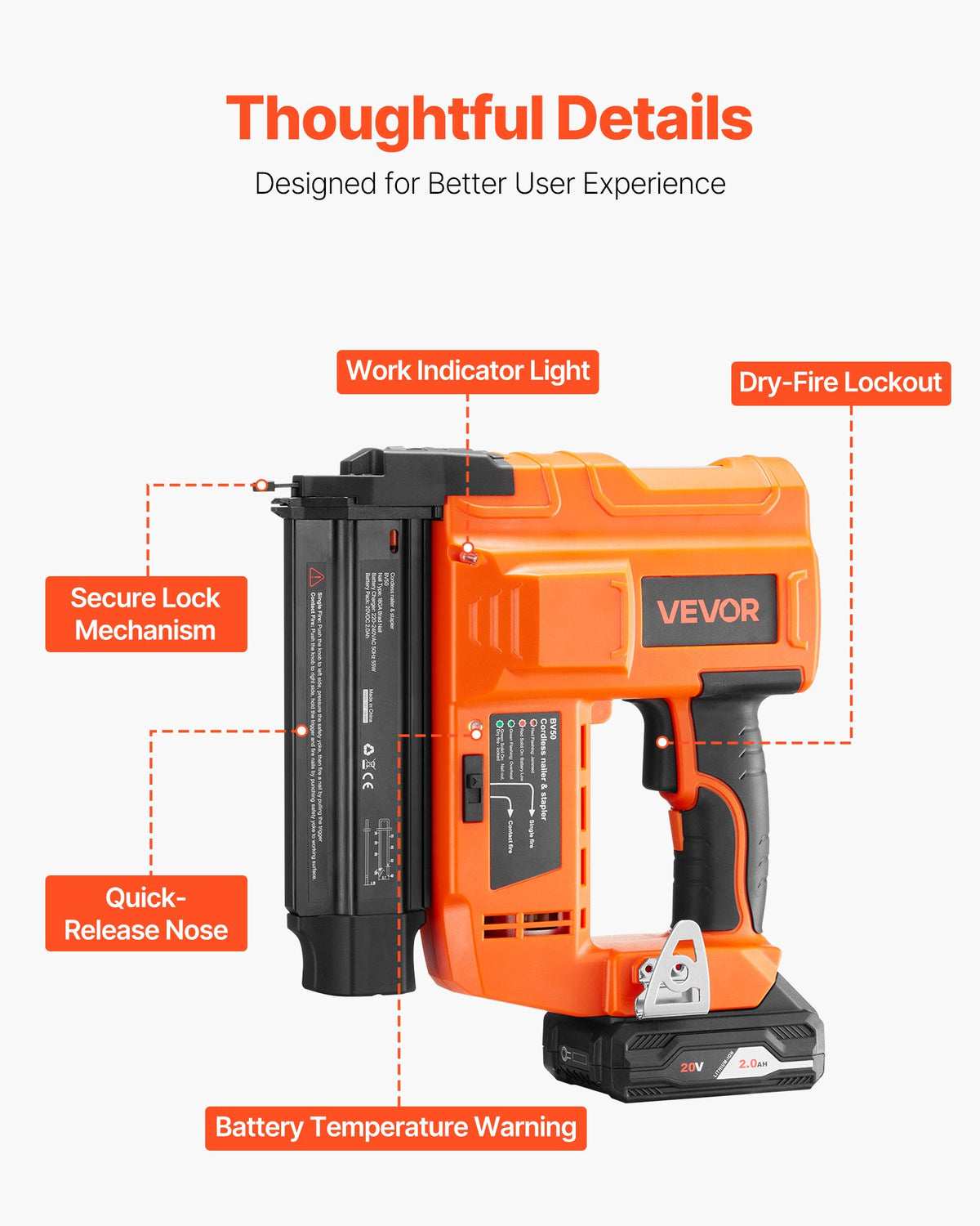 VEVOR Cordless Brad Nailer, 18 Gauge, 20V Battery Powered Nail Gun, with 500 pcs Nails, 2.0 Ah Li-ion Battery and Charger, Adjustable Nailing Depth, for Home Improvement, Woodworking, DIY Project - DDBLDDQ18GA29WG2V001V1 - view 7
