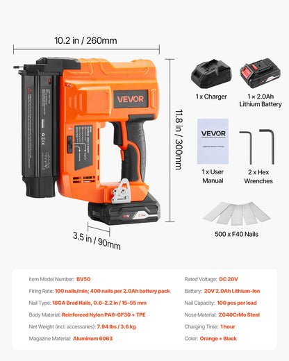 VEVOR Cordless Brad Nailer, 18 Gauge, 20V Battery Powered Nail Gun, with 500 pcs Nails, 2.0 Ah Li-ion Battery and Charger, Adjustable Nailing Depth, for Home Improvement, Woodworking, DIY Project - DDBLDDQ18GA29WG2V001V1 - view 8
