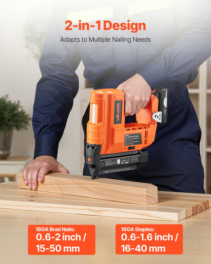 VEVOR 2-in-1 Cordless Brad Nailer, 18 Gauge, 20V Battery Powered Nail Gun and Staple Gun, with 500 pcs Nails, 500 pcs Staples, 2 x 2.0 Ah Li-ion Batteries, Charger, for Home Improvement, Woodworking - DDBLDDQ2H12IQ39MP001V1 - view 3