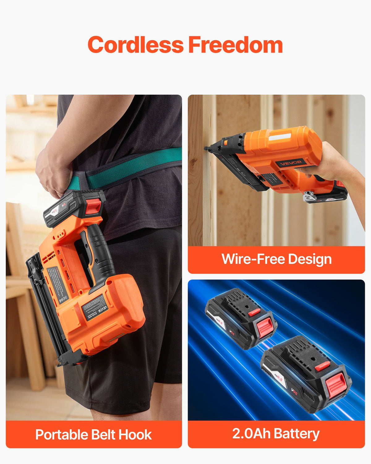 VEVOR 2-in-1 Cordless Brad Nailer, 18 Gauge, 20V Battery Powered Nail Gun and Staple Gun, with 500 pcs Nails, 500 pcs Staples, 2 x 2.0 Ah Li-ion Batteries, Charger, for Home Improvement, Woodworking - DDBLDDQ2H12IQ39MP001V1 - view 6