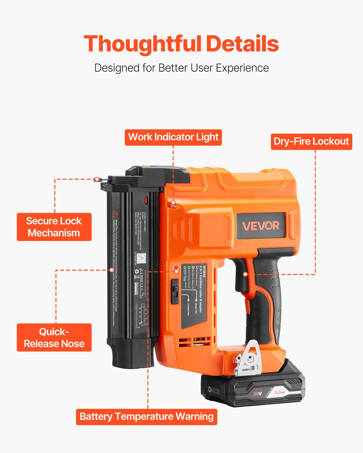 VEVOR 2-in-1 Cordless Brad Nailer, 18 Gauge, 20V Battery Powered Nail Gun and Staple Gun, with 500 pcs Nails, 500 pcs Staples, 2 x 2.0 Ah Li-ion Batteries, Charger, for Home Improvement, Woodworking - DDBLDDQ2H12IQ39MP001V1 - view 7