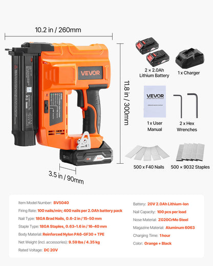 VEVOR 2-in-1 Cordless Brad Nailer, 18 Gauge, 20V Battery Powered Nail Gun and Staple Gun, with 500 pcs Nails, 500 pcs Staples, 2 x 2.0 Ah Li-ion Batteries, Charger, for Home Improvement, Woodworking - DDBLDDQ2H12IQ39MP001V1 - view 8