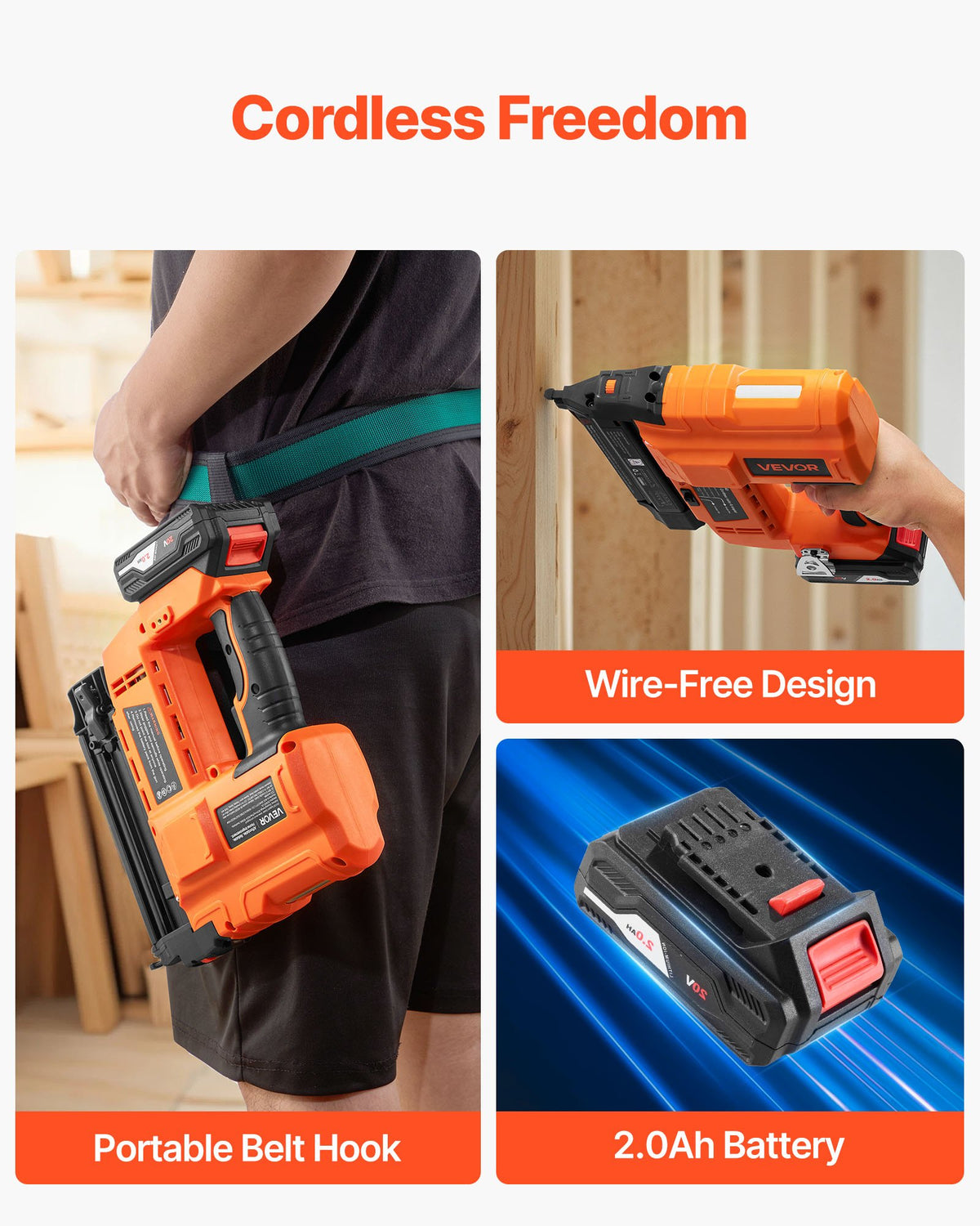 VEVOR 2-in-1 Cordless Brad Nailer, 18 Gauge, 20V Battery Powered Nail Gun and Staple Gun, with 500 pcs Nails, 500 pcs Staples, 2.0 Ah Li-ion Battery and Charger, for Home Improvement, Woodworking - DDBLDDQ2H12IZEMT6001V1 - view 6