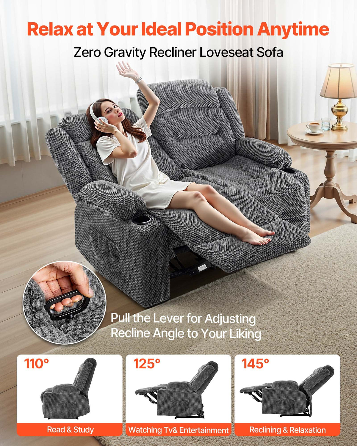 VEVOR Loveseat Recliner Sofa, Manual Reclining Couch with Heating and Massage, Soft Corduroy Recliner Sofa with USB Ports, Cup Holders and Side Storage Bags, Dual Loveseat Chair for Living Room, Grey - DDBYSRSFSDKDYO29Y001V1 - view 3