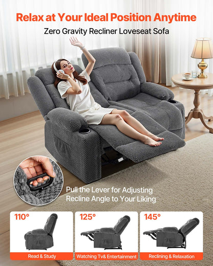 VEVOR Loveseat Recliner Sofa, Manual Reclining Couch with Heating and Massage, Soft Corduroy Recliner Sofa with USB Ports, Cup Holders and Side Storage Bags, Dual Loveseat Chair for Living Room, Grey - DDBYSRSFSDKDYO29Y001V1 - view 3