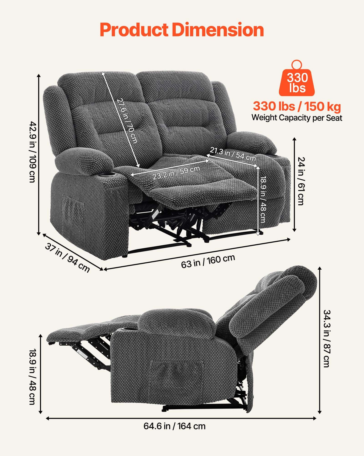 VEVOR Loveseat Recliner Sofa, Manual Reclining Couch with Heating and Massage, Soft Corduroy Recliner Sofa with USB Ports, Cup Holders and Side Storage Bags, Dual Loveseat Chair for Living Room, Grey - DDBYSRSFSDKDYO29Y001V1 - view 4