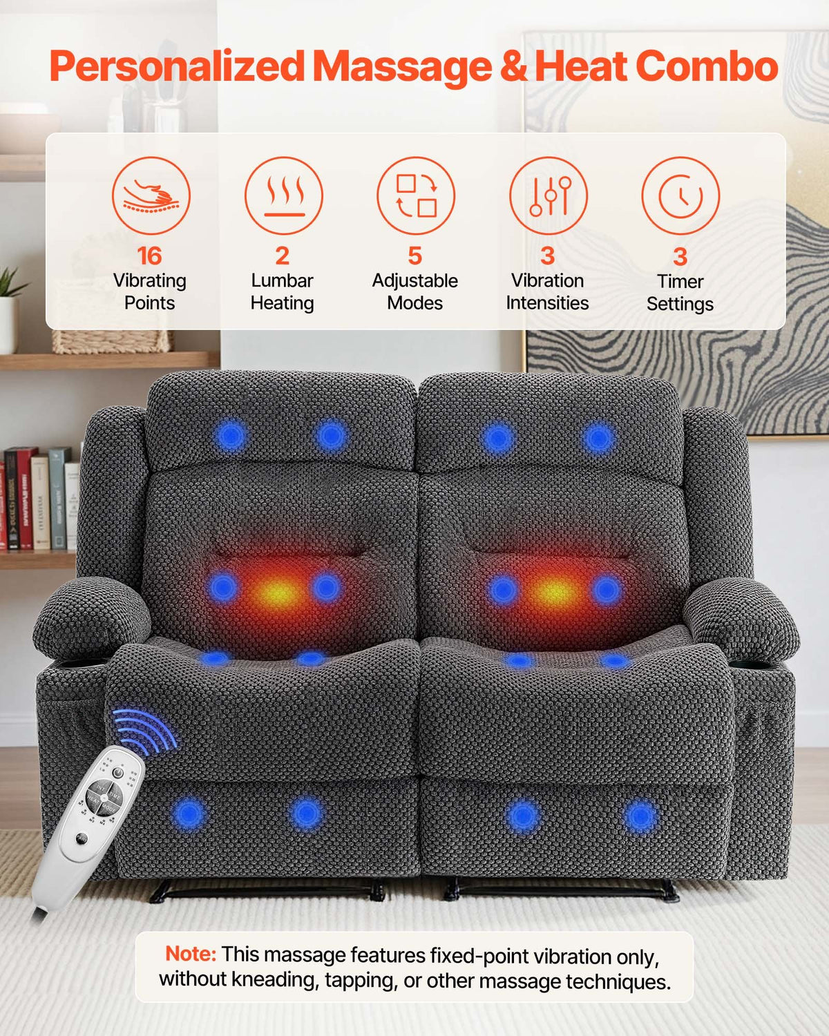 VEVOR Loveseat Recliner Sofa, Manual Reclining Couch with Heating and Massage, Soft Corduroy Recliner Sofa with USB Ports, Cup Holders and Side Storage Bags, Dual Loveseat Chair for Living Room, Grey - DDBYSRSFSDKDYO29Y001V1 - view 5