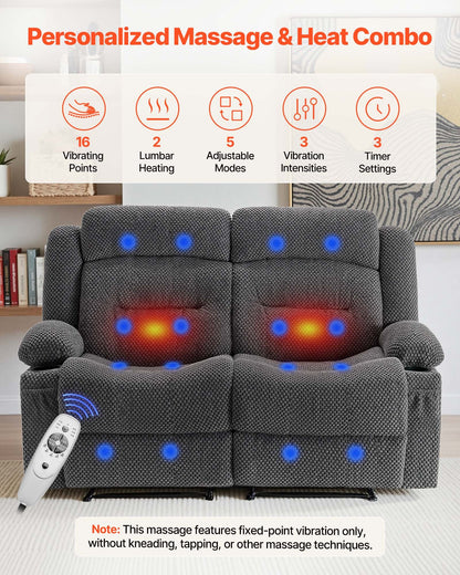 VEVOR Loveseat Recliner Sofa, Manual Reclining Couch with Heating and Massage, Soft Corduroy Recliner Sofa with USB Ports, Cup Holders and Side Storage Bags, Dual Loveseat Chair for Living Room, Grey - DDBYSRSFSDKDYO29Y001V1 - view 5