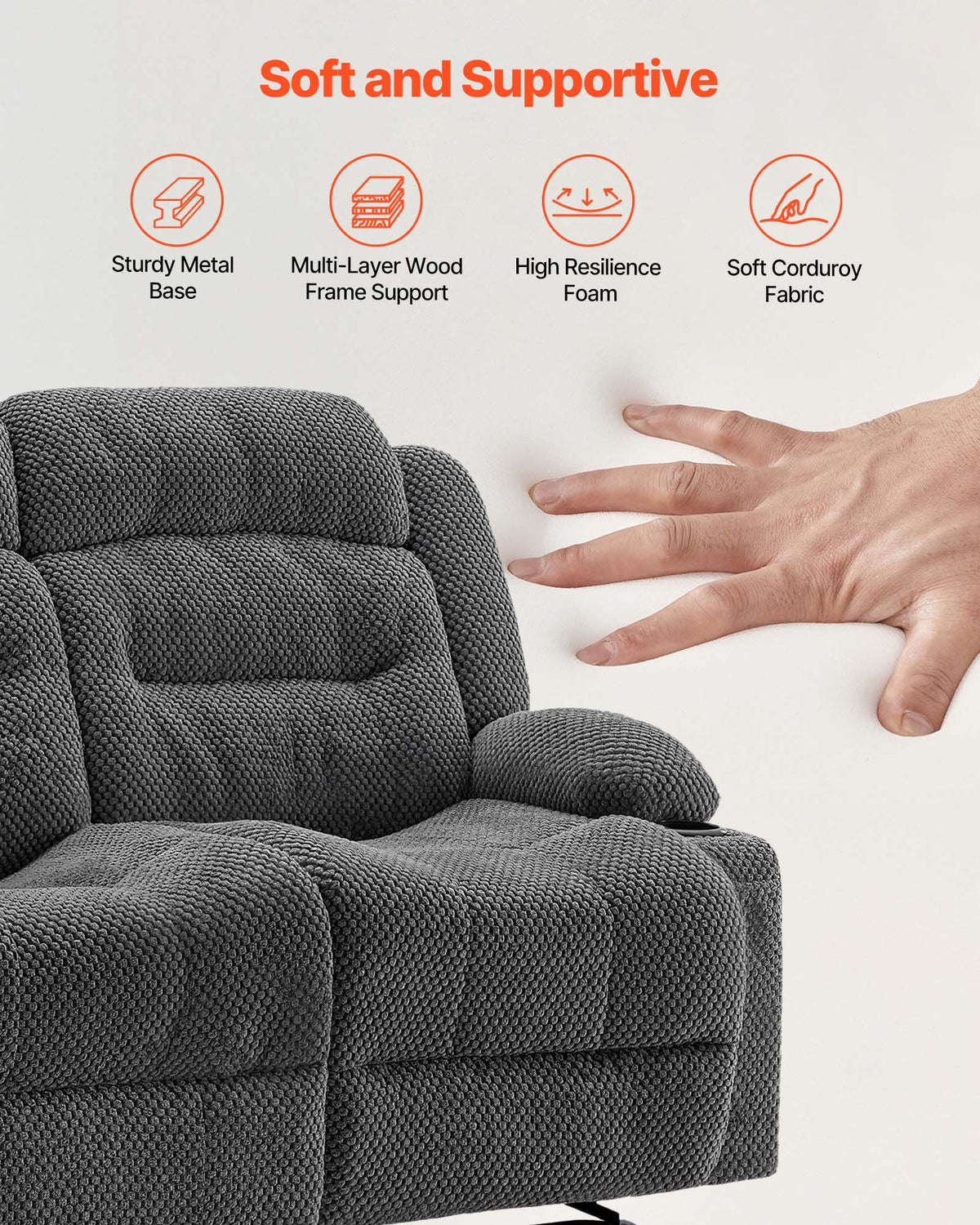 VEVOR Loveseat Recliner Sofa, Manual Reclining Couch with Heating and Massage, Soft Corduroy Recliner Sofa with USB Ports, Cup Holders and Side Storage Bags, Dual Loveseat Chair for Living Room, Grey - DDBYSRSFSDKDYO29Y001V1 - view 6
