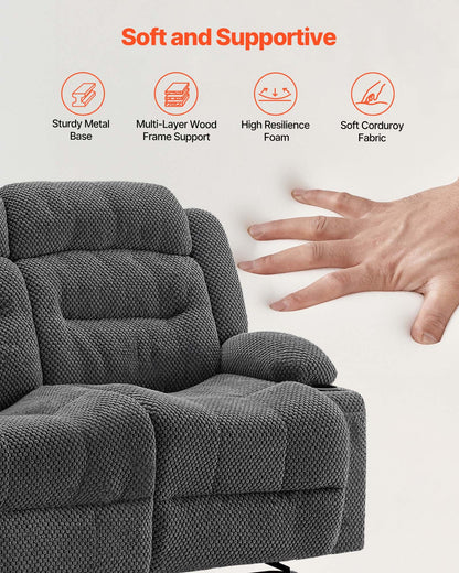 VEVOR Loveseat Recliner Sofa, Manual Reclining Couch with Heating and Massage, Soft Corduroy Recliner Sofa with USB Ports, Cup Holders and Side Storage Bags, Dual Loveseat Chair for Living Room, Grey - DDBYSRSFSDKDYO29Y001V1 - view 6