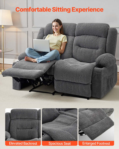 VEVOR Loveseat Recliner Sofa, Manual Reclining Couch with Heating and Massage, Soft Corduroy Recliner Sofa with USB Ports, Cup Holders and Side Storage Bags, Dual Loveseat Chair for Living Room, Grey - DDBYSRSFSDKDYO29Y001V1 - view 7