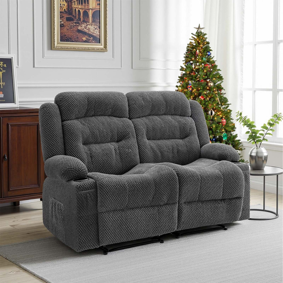 VEVOR Loveseat Recliner Sofa, Manual Reclining Couch with Heating and Massage, Soft Corduroy Recliner Sofa with USB Ports, Cup Holders and Side Storage Bags, Dual Loveseat Chair for Living Room, Grey - DDBYSRSFSDKDYO29Y001V1 - view 9
