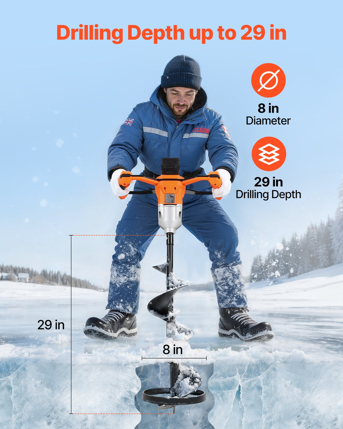 VEVOR 20V Electric Ice Auger, 8 inch Diameter, 2 in 1 Cordless Ice Fishing Augers and Earth Auger with Ices & Earth Drill Bit, Cold-Resistant Post Hole Digger, Turbo High-Speed Cutting System - DDBZ20V40AH2LD388001V1 - view 3