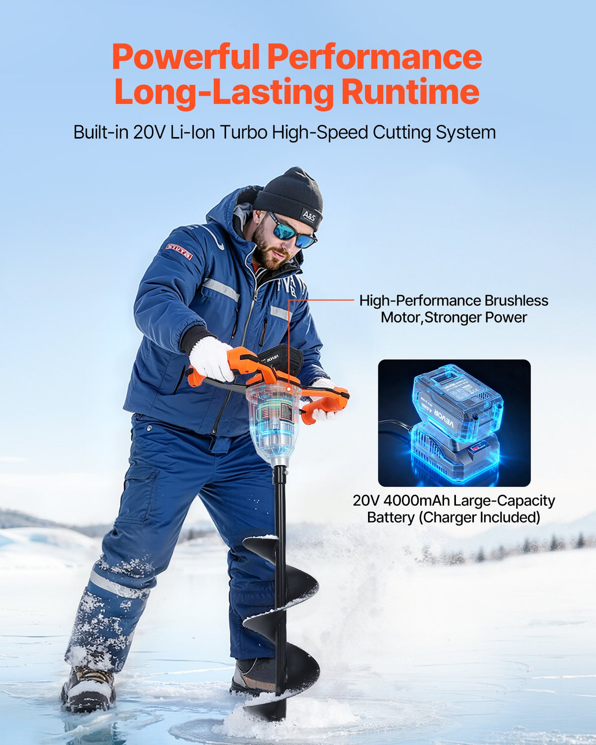 VEVOR 20V Electric Ice Auger, 8 inch Diameter, 2 in 1 Cordless Ice Fishing Augers and Earth Auger with Ices & Earth Drill Bit, Cold-Resistant Post Hole Digger, Turbo High-Speed Cutting System - DDBZ20V40AH2LD388001V1 - view 4