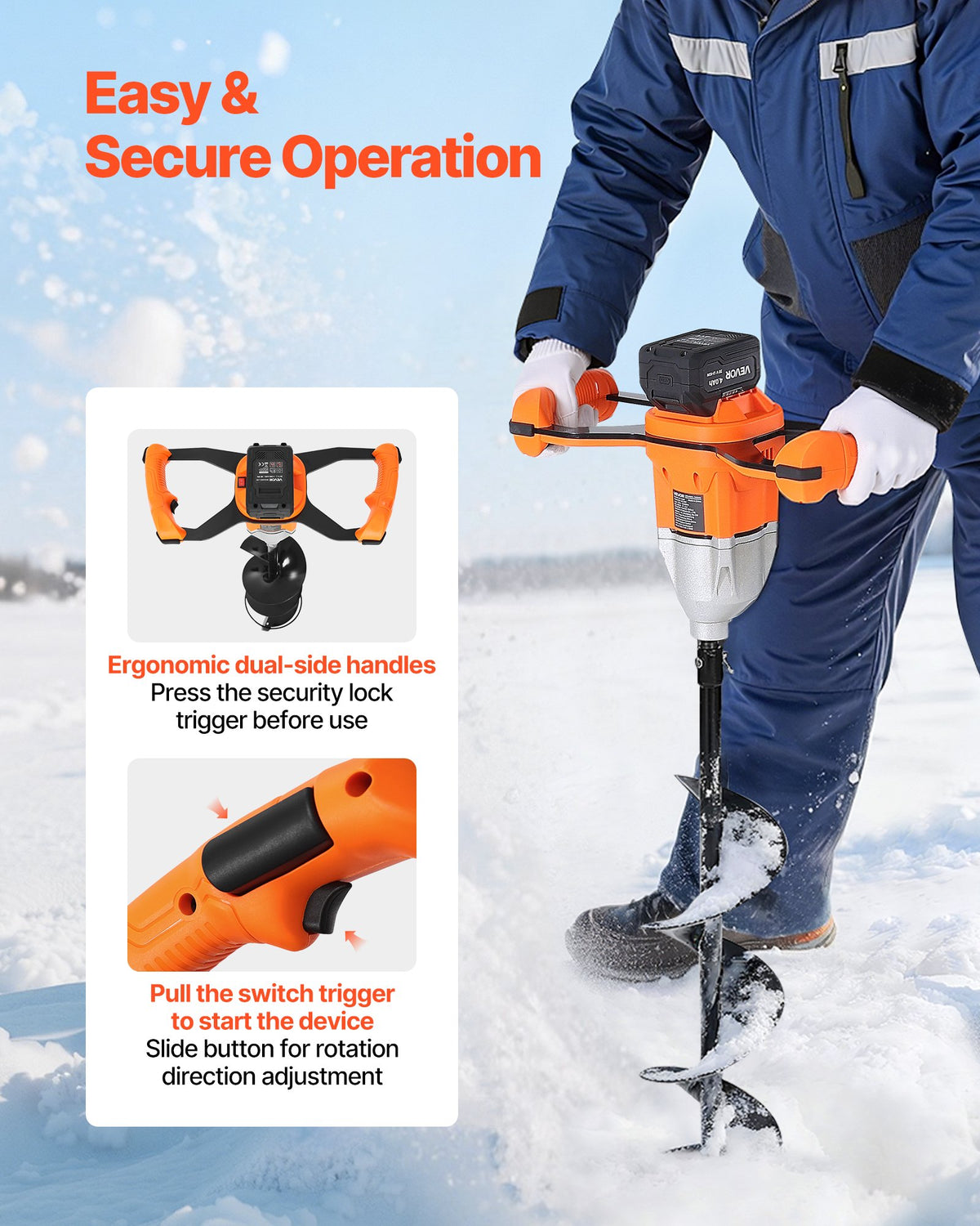 VEVOR 20V Electric Ice Auger, 8 inch Diameter, 2 in 1 Cordless Ice Fishing Augers and Earth Auger with Ices & Earth Drill Bit, Cold-Resistant Post Hole Digger, Turbo High-Speed Cutting System - DDBZ20V40AH2LD388001V1 - view 6