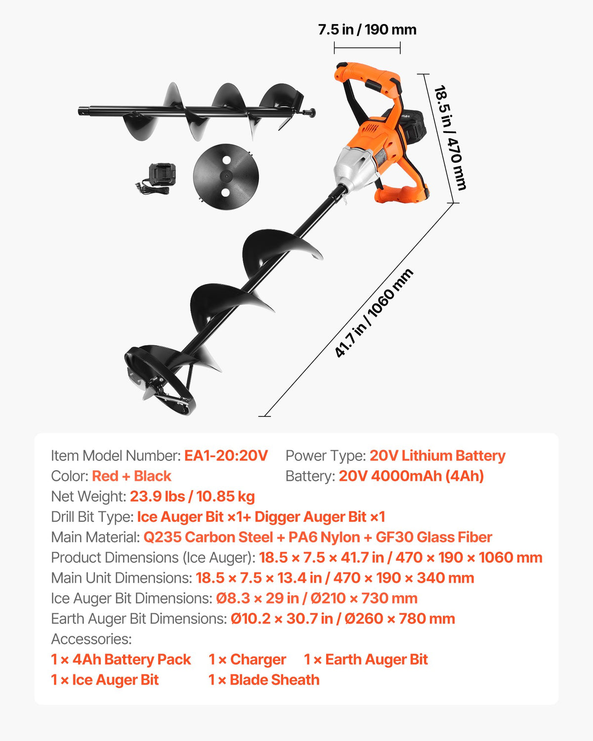 VEVOR 20V Electric Ice Auger, 8 inch Diameter, 2 in 1 Cordless Ice Fishing Augers and Earth Auger with Ices & Earth Drill Bit, Cold-Resistant Post Hole Digger, Turbo High-Speed Cutting System - DDBZ20V40AH2LD388001V1 - view 8