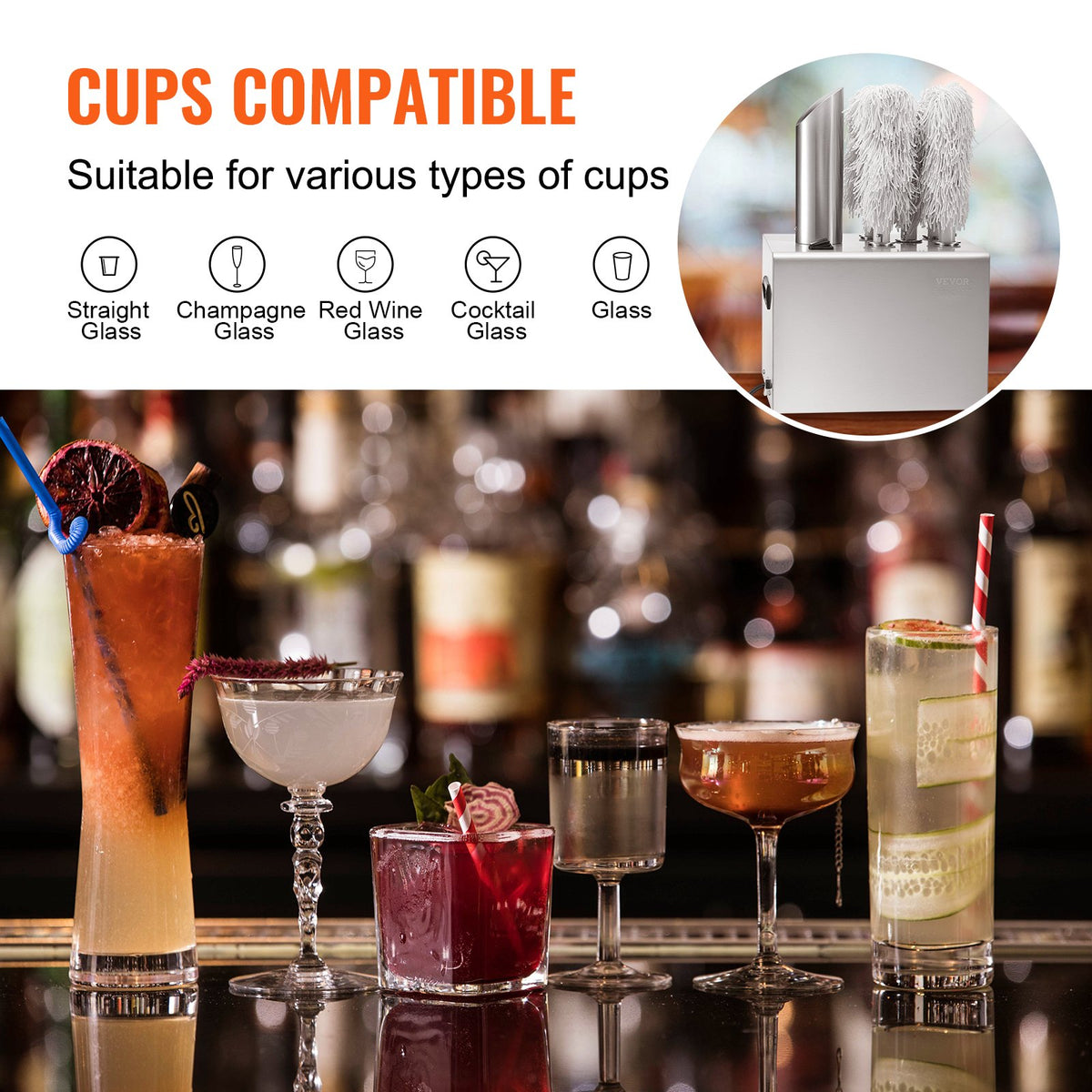 VEVOR Wine Glass Polisher Machine, 5-Brush Glass Polishing Machine, 330 Cups/Hour Electric Commercial Glass Polisher for Champagne Glasses, Beer Cups, Mugs, Perfect for Bar Restaurant Kitchen - DDCBJ5GST000423YNV1 - view 4