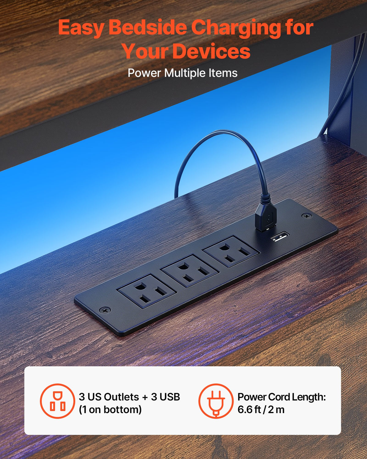 VEVOR Headboard for Full Size Bed, with 2 Storage Shelves, LED Light, 3 Outlets, and 3 USB Ports, Sturdy and Stable Carbon Steel Frame Head Board with Charging Station, Adjustable Height, Black - DDCTBTMYBKBYKFTEA002V1 - view 3