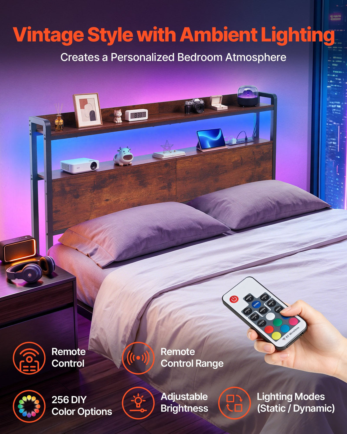 VEVOR Headboard for Full Size Bed, with 2 Storage Shelves, LED Light, 3 Outlets, and 3 USB Ports, Sturdy and Stable Carbon Steel Frame Head Board with Charging Station, Adjustable Height, Black - DDCTBTMYBKBYKFTEA002V1 - view 4