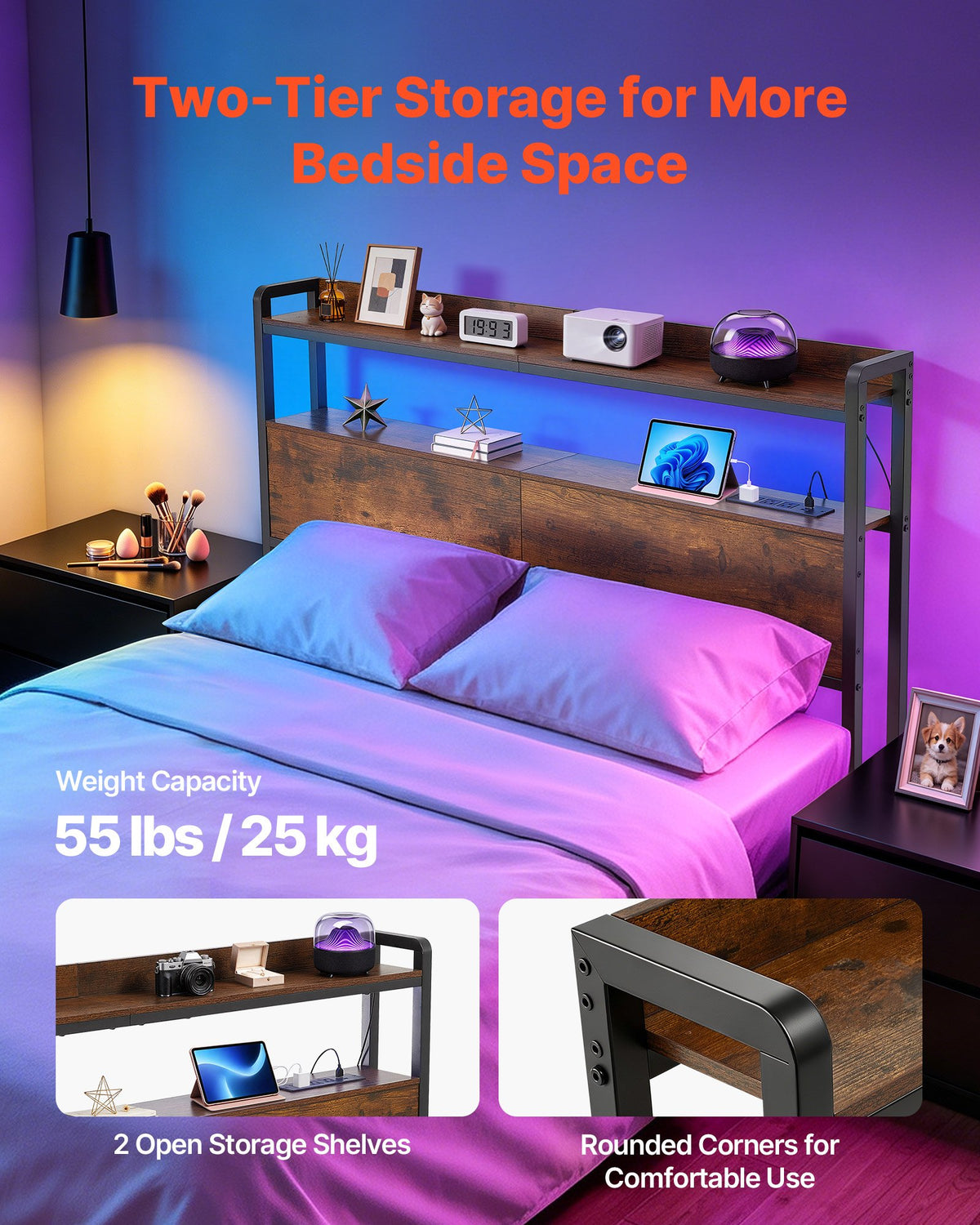 VEVOR Headboard for Full Size Bed, with 2 Storage Shelves, LED Light, 3 Outlets, and 3 USB Ports, Sturdy and Stable Carbon Steel Frame Head Board with Charging Station, Adjustable Height, Black - DDCTBTMYBKBYKFTEA002V1 - view 6