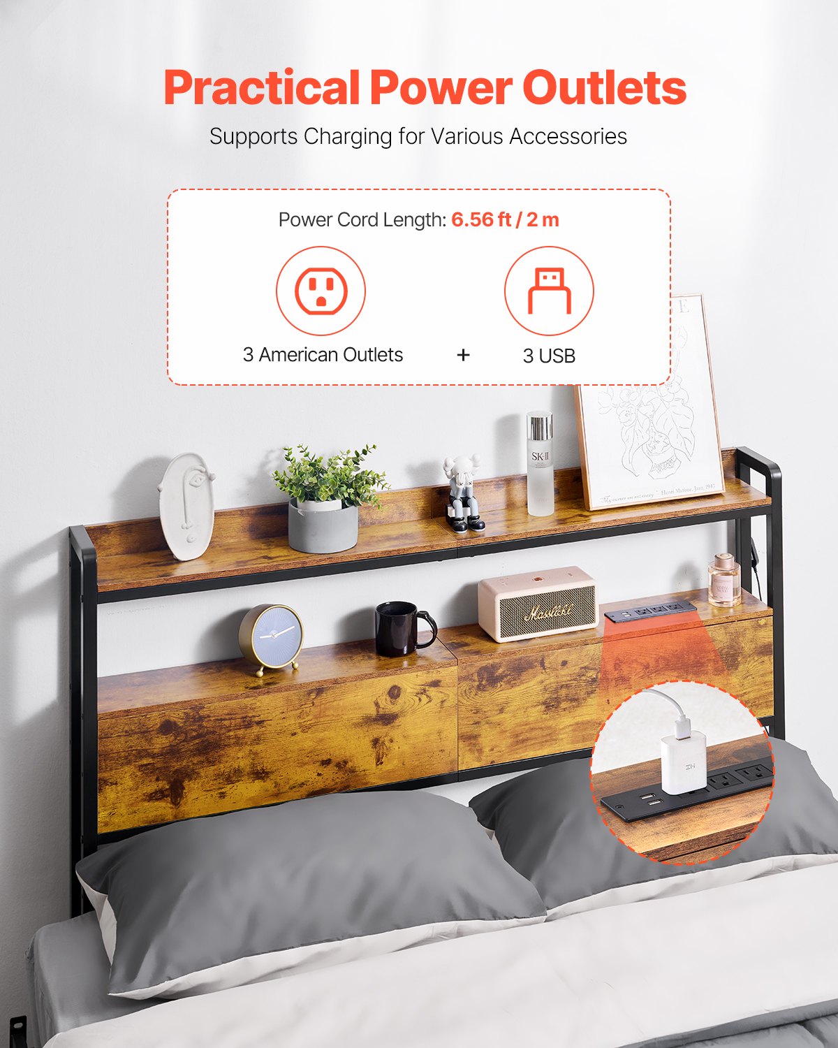 VEVOR Headboard for Full Size Bed, Adjustable Height Headboard with 2 Shelves Storage, Freestanding Head Board with Charging Station and LED Light for Different Bed Frames, Easy Assembly, Brown - DDCTBTMYBKBYKFTEAV1 - view 3