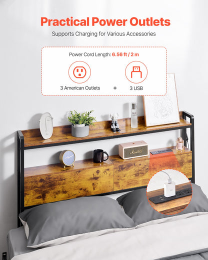 VEVOR Headboard for Full Size Bed, Adjustable Height Headboard with 2 Shelves Storage, Freestanding Head Board with Charging Station and LED Light for Different Bed Frames, Easy Assembly, Brown - DDCTBTMYBKBYKFTEAV1 - view 3