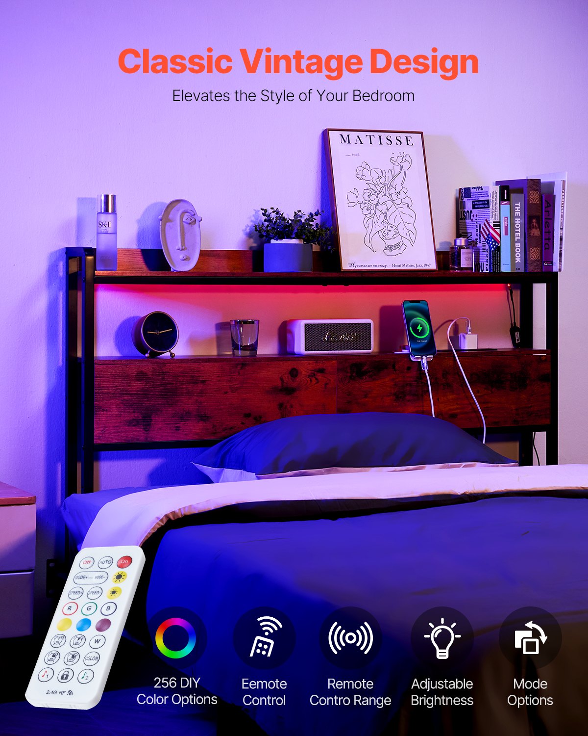 VEVOR Headboard for Full Size Bed, Adjustable Height Headboard with 2 Shelves Storage, Freestanding Head Board with Charging Station and LED Light for Different Bed Frames, Easy Assembly, Brown - DDCTBTMYBKBYKFTEAV1 - view 4