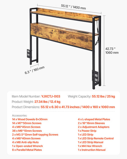 VEVOR Headboard for Full Size Bed, Adjustable Height Headboard with 2 Shelves Storage, Freestanding Head Board with Charging Station and LED Light for Different Bed Frames, Easy Assembly, Brown - DDCTBTMYBKBYKFTEAV1 - view 8