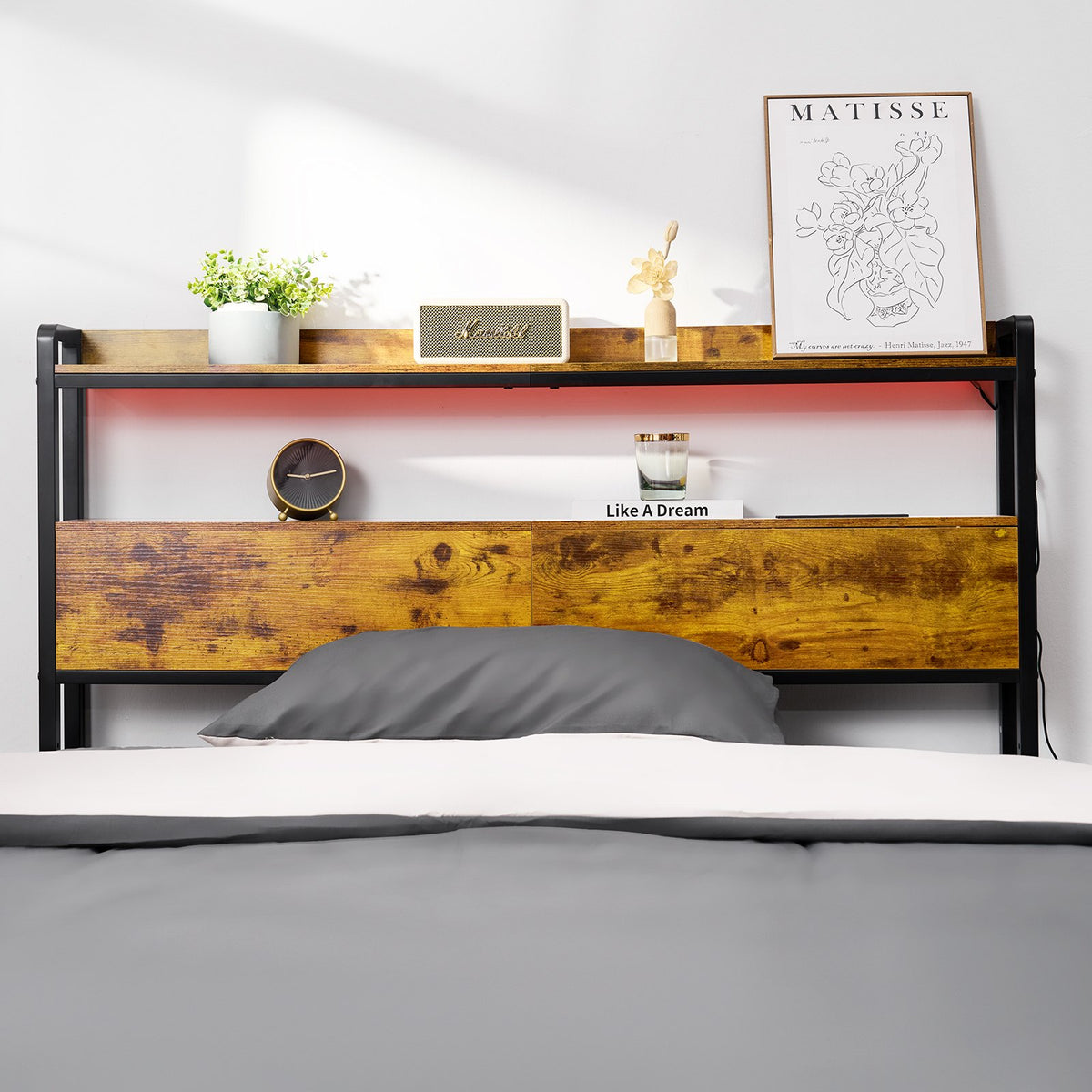 VEVOR Headboard for Full Size Bed, Adjustable Height Headboard with 2 Shelves Storage, Freestanding Head Board with Charging Station and LED Light for Different Bed Frames, Easy Assembly, Brown - DDCTBTMYBKBYKFTEAV1 - view 9
