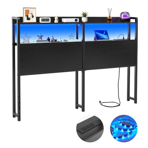 VEVOR Headboard for Queen Size Bed, with 2 Storage Shelves, LED Light, 3 Outlets, and 3 USB Ports, Sturdy and Stable Carbon Steel Frame Head Board with Charging Station, Adjustable Height, Black - DDCTBTMYBKBYLKEBT002V1 - view 2