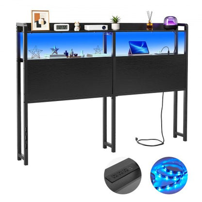 VEVOR Headboard for Queen Size Bed, with 2 Storage Shelves, LED Light, 3 Outlets, and 3 USB Ports, Sturdy and Stable Carbon Steel Frame Head Board with Charging Station, Adjustable Height, Black - DDCTBTMYBKBYLKEBT002V1 - view 2