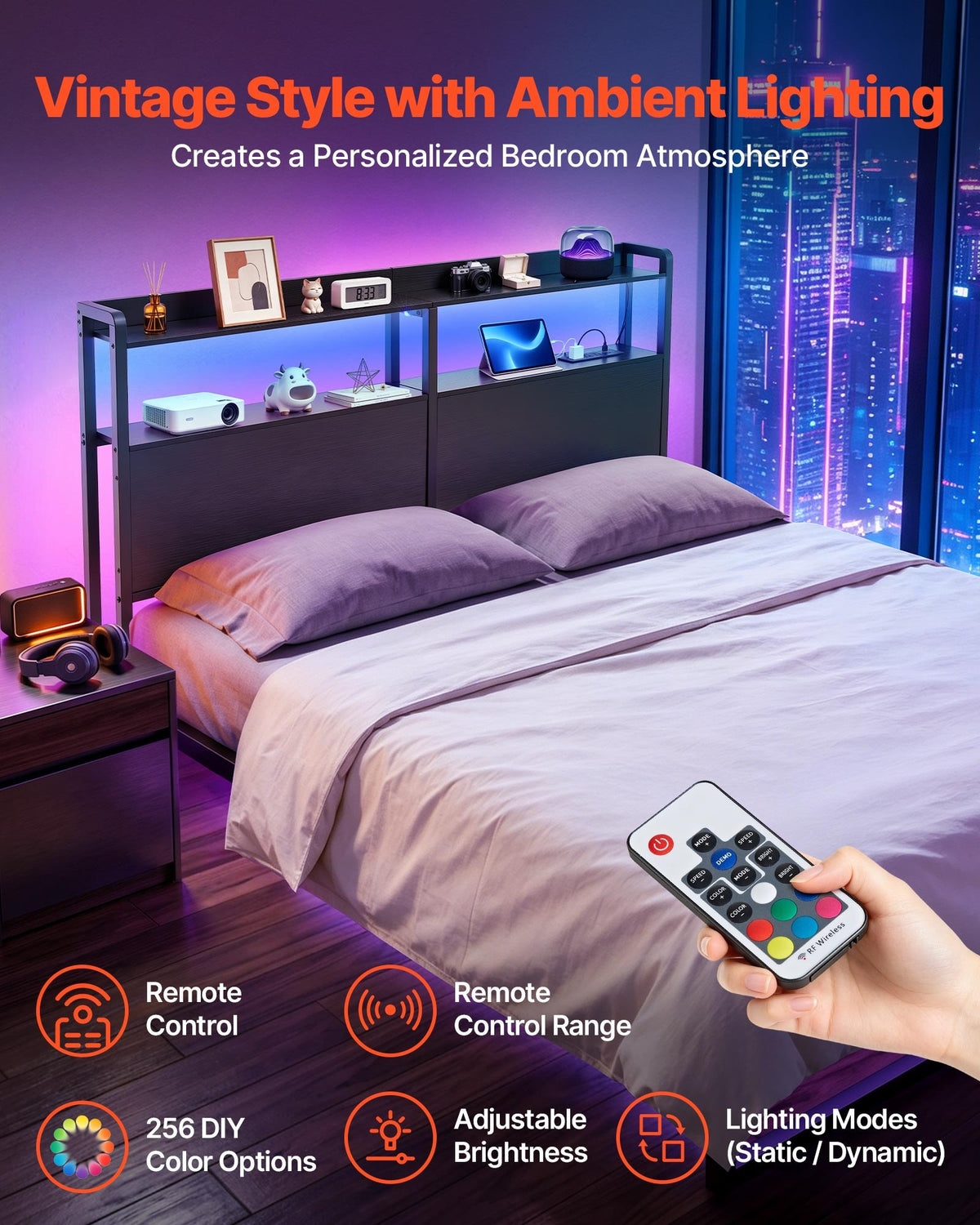VEVOR Headboard for Queen Size Bed, with 2 Storage Shelves, LED Light, 3 Outlets, and 3 USB Ports, Sturdy and Stable Carbon Steel Frame Head Board with Charging Station, Adjustable Height, Black - DDCTBTMYBKBYLKEBT002V1 - view 4