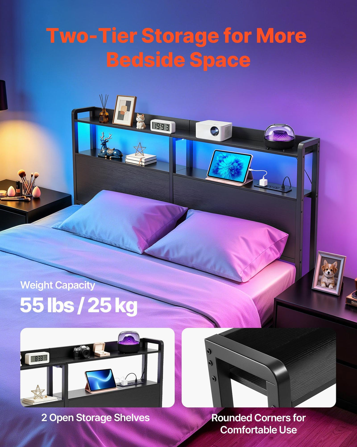 VEVOR Headboard for Queen Size Bed, with 2 Storage Shelves, LED Light, 3 Outlets, and 3 USB Ports, Sturdy and Stable Carbon Steel Frame Head Board with Charging Station, Adjustable Height, Black - DDCTBTMYBKBYLKEBT002V1 - view 6