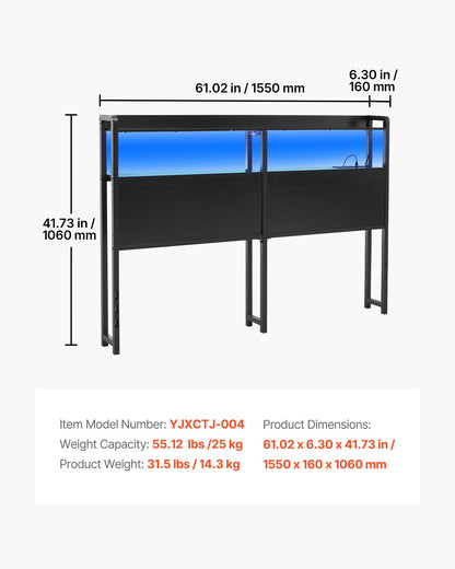 VEVOR Headboard for Queen Size Bed, with 2 Storage Shelves, LED Light, 3 Outlets, and 3 USB Ports, Sturdy and Stable Carbon Steel Frame Head Board with Charging Station, Adjustable Height, Black - DDCTBTMYBKBYLKEBT002V1 - view 8