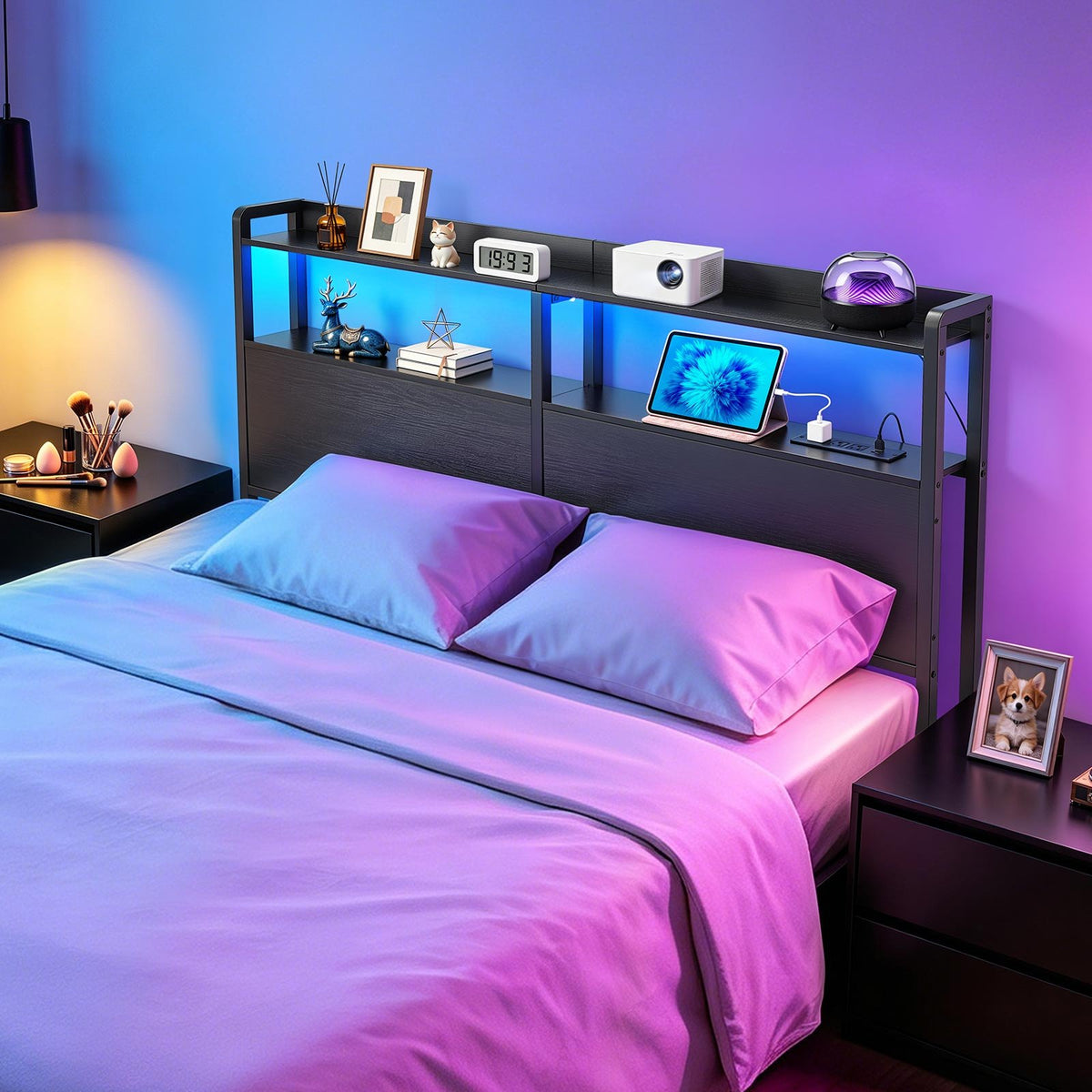 VEVOR Headboard for Queen Size Bed, with 2 Storage Shelves, LED Light, 3 Outlets, and 3 USB Ports, Sturdy and Stable Carbon Steel Frame Head Board with Charging Station, Adjustable Height, Black - DDCTBTMYBKBYLKEBT002V1 - view 9