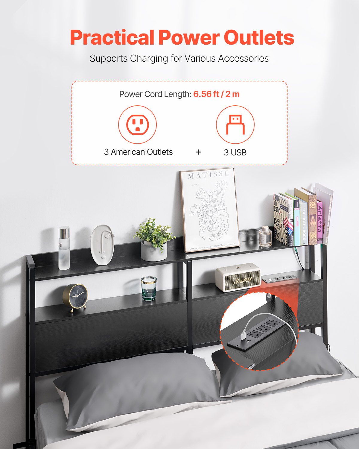 VEVOR Headboard for Queen Size Bed, Adjustable Height Headboard with 2 Shelves Storage, Freestanding Head Board with Charging Station and LED Light for Different Bed Frames, Easy Assembly, Black - DDCTBTMYBKBYLKEBTV1 - view 3