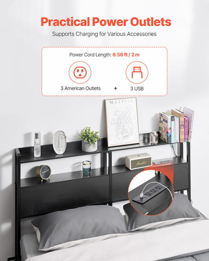 VEVOR Headboard for Queen Size Bed, Adjustable Height Headboard with 2 Shelves Storage, Freestanding Head Board with Charging Station and LED Light for Different Bed Frames, Easy Assembly, Black - DDCTBTMYBKBYLKEBTV1 - view 3