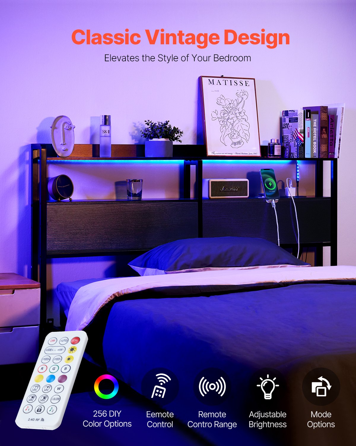 VEVOR Headboard for Queen Size Bed, Adjustable Height Headboard with 2 Shelves Storage, Freestanding Head Board with Charging Station and LED Light for Different Bed Frames, Easy Assembly, Black - DDCTBTMYBKBYLKEBTV1 - view 4