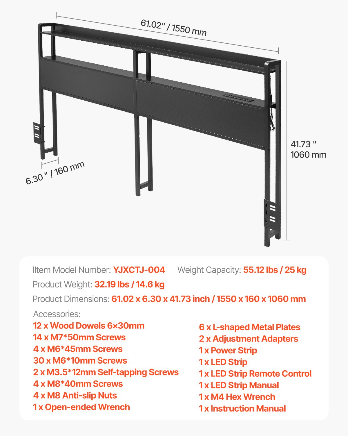 VEVOR Headboard for Queen Size Bed, Adjustable Height Headboard with 2 Shelves Storage, Freestanding Head Board with Charging Station and LED Light for Different Bed Frames, Easy Assembly, Black - DDCTBTMYBKBYLKEBTV1 - view 8