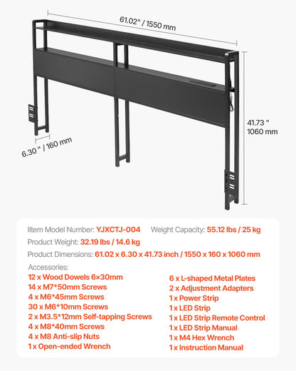 VEVOR Headboard for Queen Size Bed, Adjustable Height Headboard with 2 Shelves Storage, Freestanding Head Board with Charging Station and LED Light for Different Bed Frames, Easy Assembly, Black - DDCTBTMYBKBYLKEBTV1 - view 8