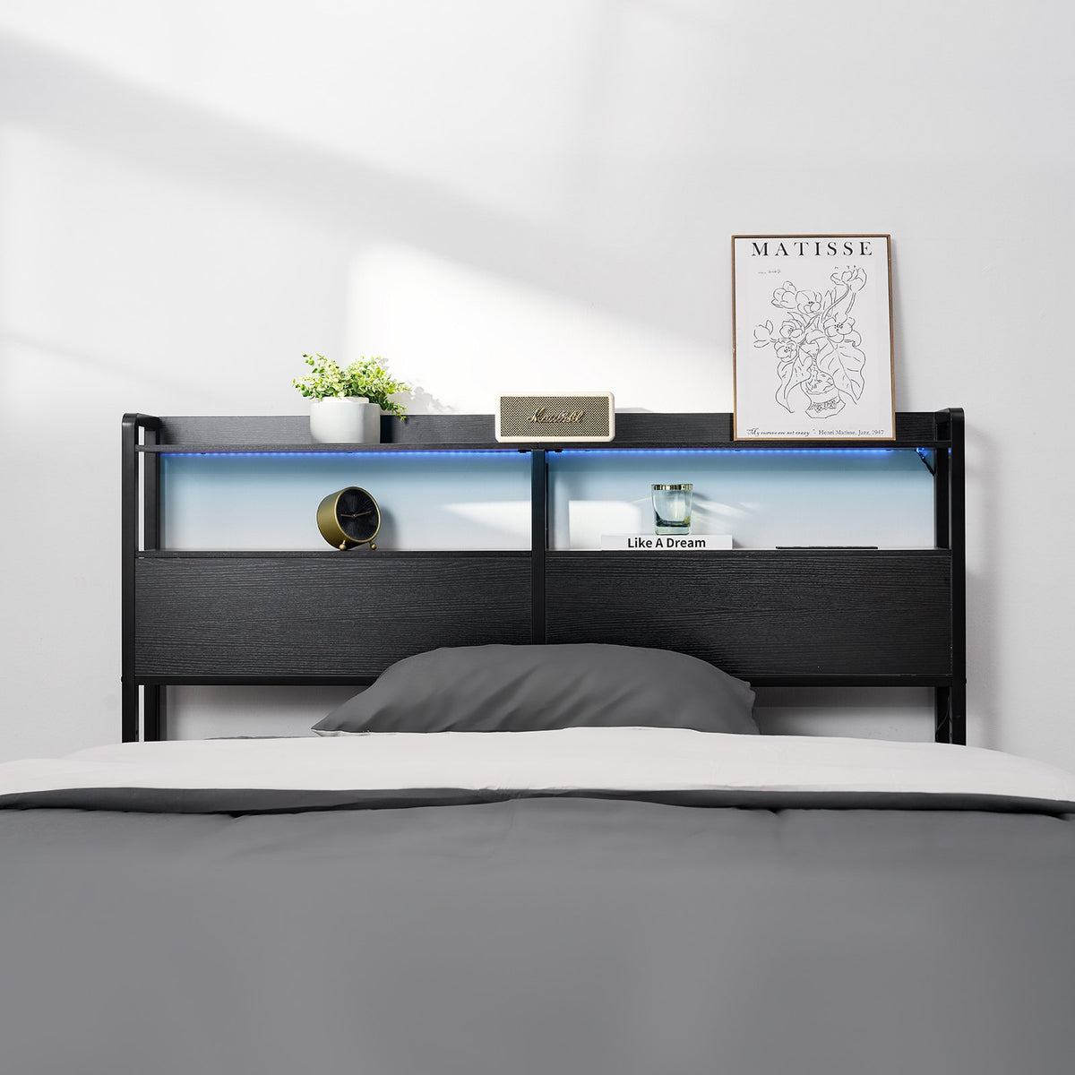 VEVOR Headboard for Queen Size Bed, Adjustable Height Headboard with 2 Shelves Storage, Freestanding Head Board with Charging Station and LED Light for Different Bed Frames, Easy Assembly, Black - DDCTBTMYBKBYLKEBTV1 - view 9