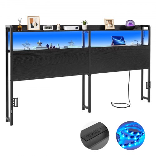 VEVOR Headboard for King Size Bed, with 2 Storage Shelves, LED Light, 3 Outlets, and 3 USB Ports, Sturdy and Stable Carbon Steel Frame Head Board with Charging Station, Adjustable Height, Black - DDCTBTMYBKBYODCKF003V1 - view 2