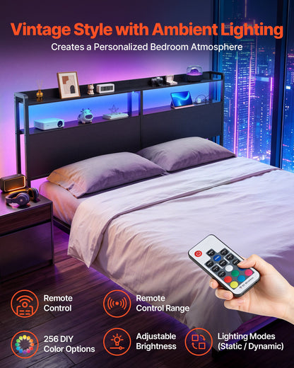 VEVOR Headboard for King Size Bed, with 2 Storage Shelves, LED Light, 3 Outlets, and 3 USB Ports, Sturdy and Stable Carbon Steel Frame Head Board with Charging Station, Adjustable Height, Black - DDCTBTMYBKBYODCKF003V1 - view 4