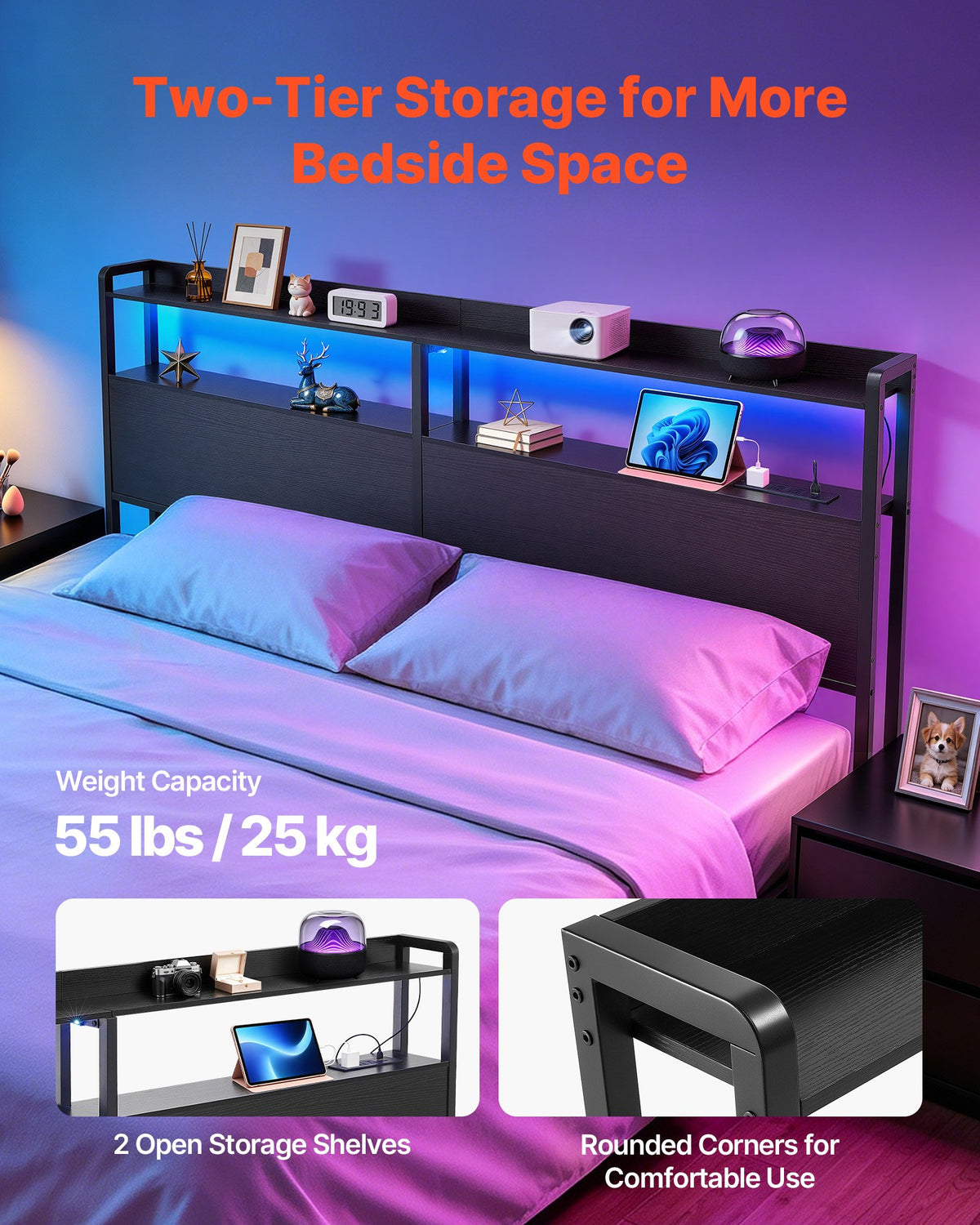 VEVOR Headboard for King Size Bed, with 2 Storage Shelves, LED Light, 3 Outlets, and 3 USB Ports, Sturdy and Stable Carbon Steel Frame Head Board with Charging Station, Adjustable Height, Black - DDCTBTMYBKBYODCKF003V1 - view 6