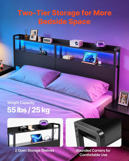 VEVOR Headboard for King Size Bed, with 2 Storage Shelves, LED Light, 3 Outlets, and 3 USB Ports, Sturdy and Stable Carbon Steel Frame Head Board with Charging Station, Adjustable Height, Black - DDCTBTMYBKBYODCKF003V1 - view 6
