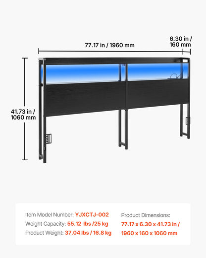 VEVOR Headboard for King Size Bed, with 2 Storage Shelves, LED Light, 3 Outlets, and 3 USB Ports, Sturdy and Stable Carbon Steel Frame Head Board with Charging Station, Adjustable Height, Black - DDCTBTMYBKBYODCKF003V1 - view 8