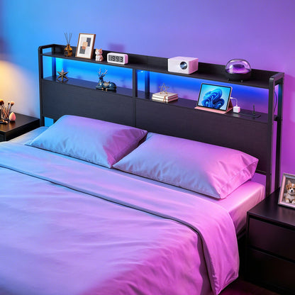 VEVOR Headboard for King Size Bed, with 2 Storage Shelves, LED Light, 3 Outlets, and 3 USB Ports, Sturdy and Stable Carbon Steel Frame Head Board with Charging Station, Adjustable Height, Black - DDCTBTMYBKBYODCKF003V1 - view 9